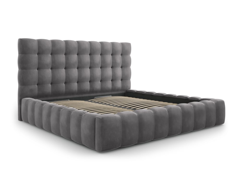 Lit coffre en avec tête de lit 200x200cm en tissu velours gris