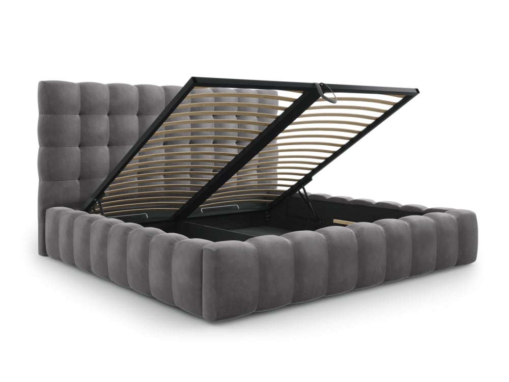 Lit coffre en avec tête de lit 200x200cm en tissu velours gris