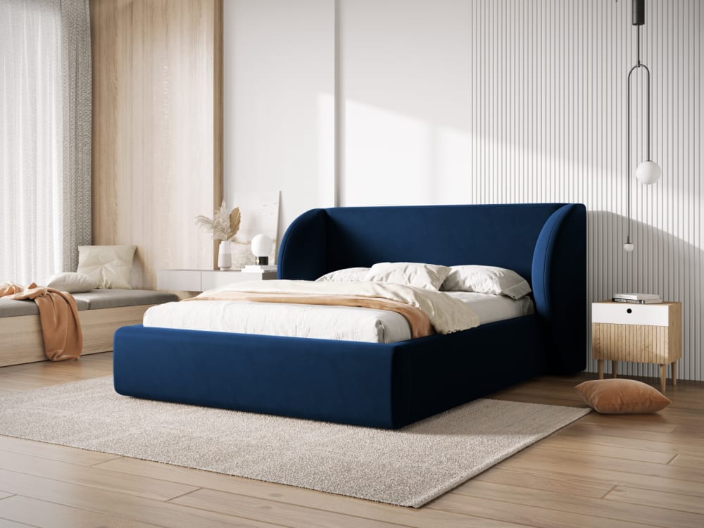 Lit coffre avec tête de lit 200x200cm en tissu velours bleu roi