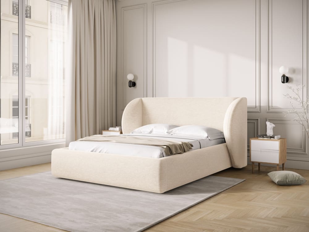 Lit coffre avec tête de lit 180x200cm en tissu chenille beige clair