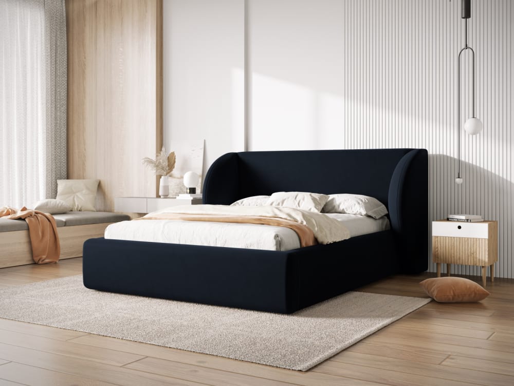 Lit coffre avec tête de lit 160x200cm en tissu velours bleu foncé