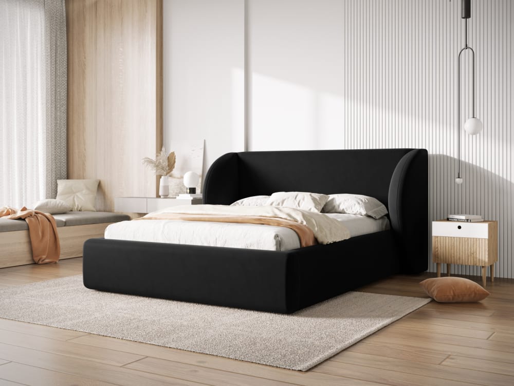 Lit coffre avec tête de lit 180x200cm en tissu velours noir