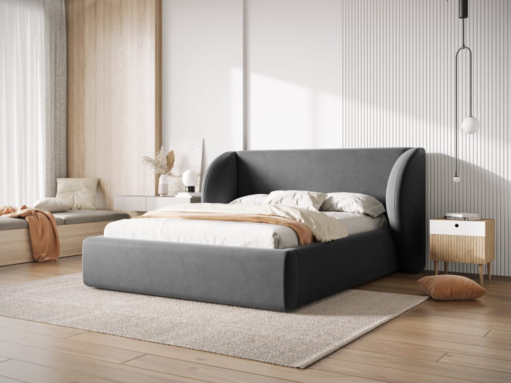 Lit coffre avec tête de lit 180x200cm en tissu velours gris