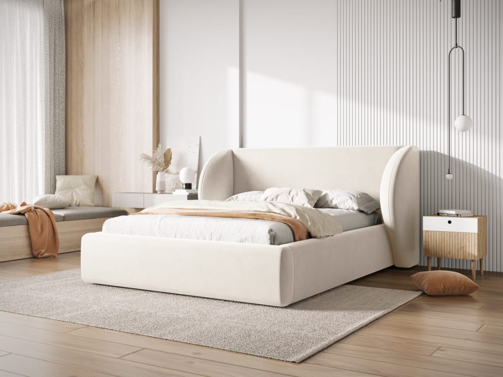 Lit coffre avec tête de lit 200x200cm en tissu velours beige clair
