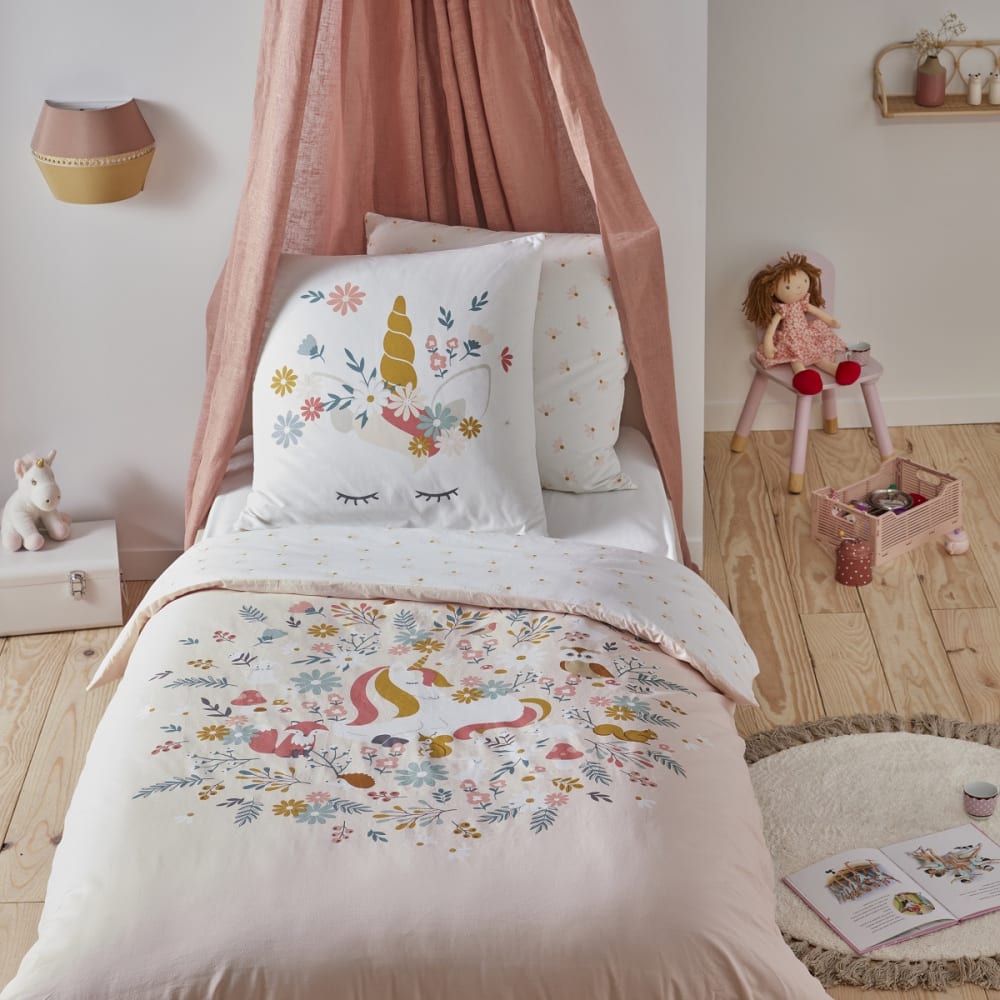 Parure de lit enfant coton imprimé rose Licorne 140x200cm