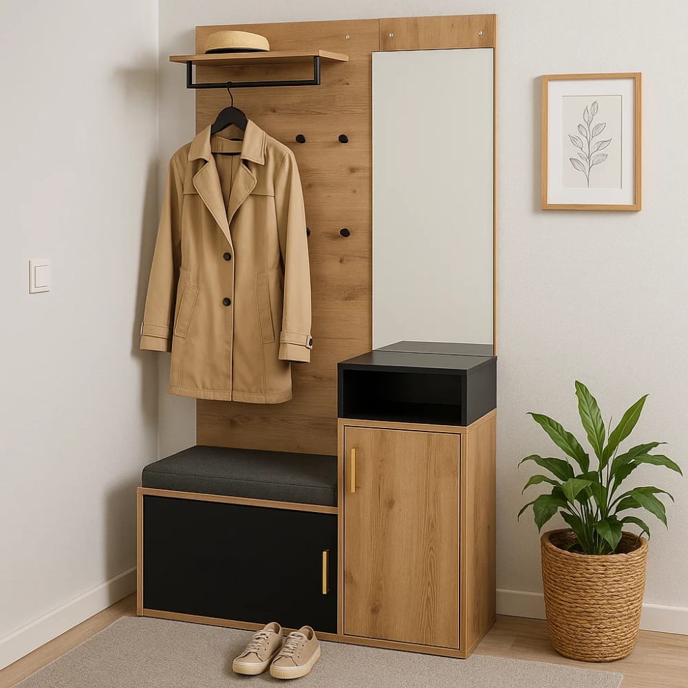 Console d'Entrée avec Miroir, Rangement et Porte-Manteaux