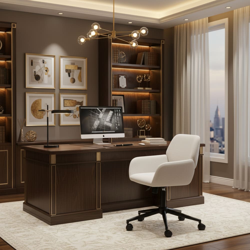 Fauteuil de bureau en tissu beige avec accoudoirs
