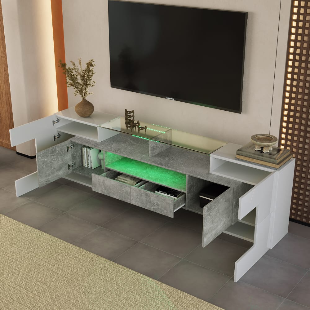 Meuble TV élégant blanc brillant éclairage LED surface en verre
