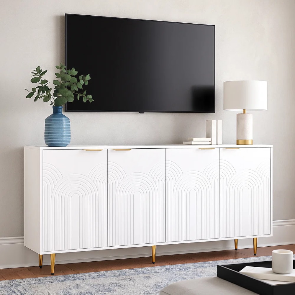 Meuble TV blanc à motifs géométriques en relief avec pieds dorés - Maisons du Monde
