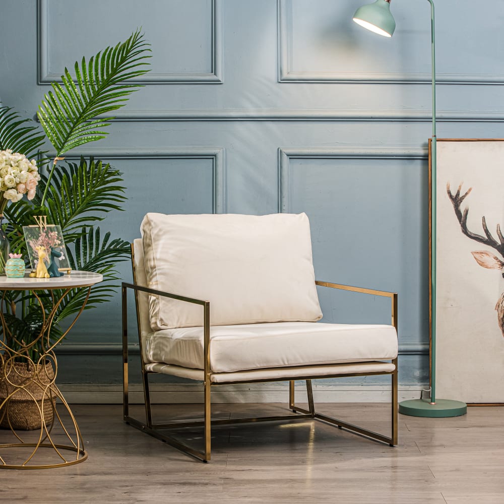 Fauteuil retro en métal et velours beige