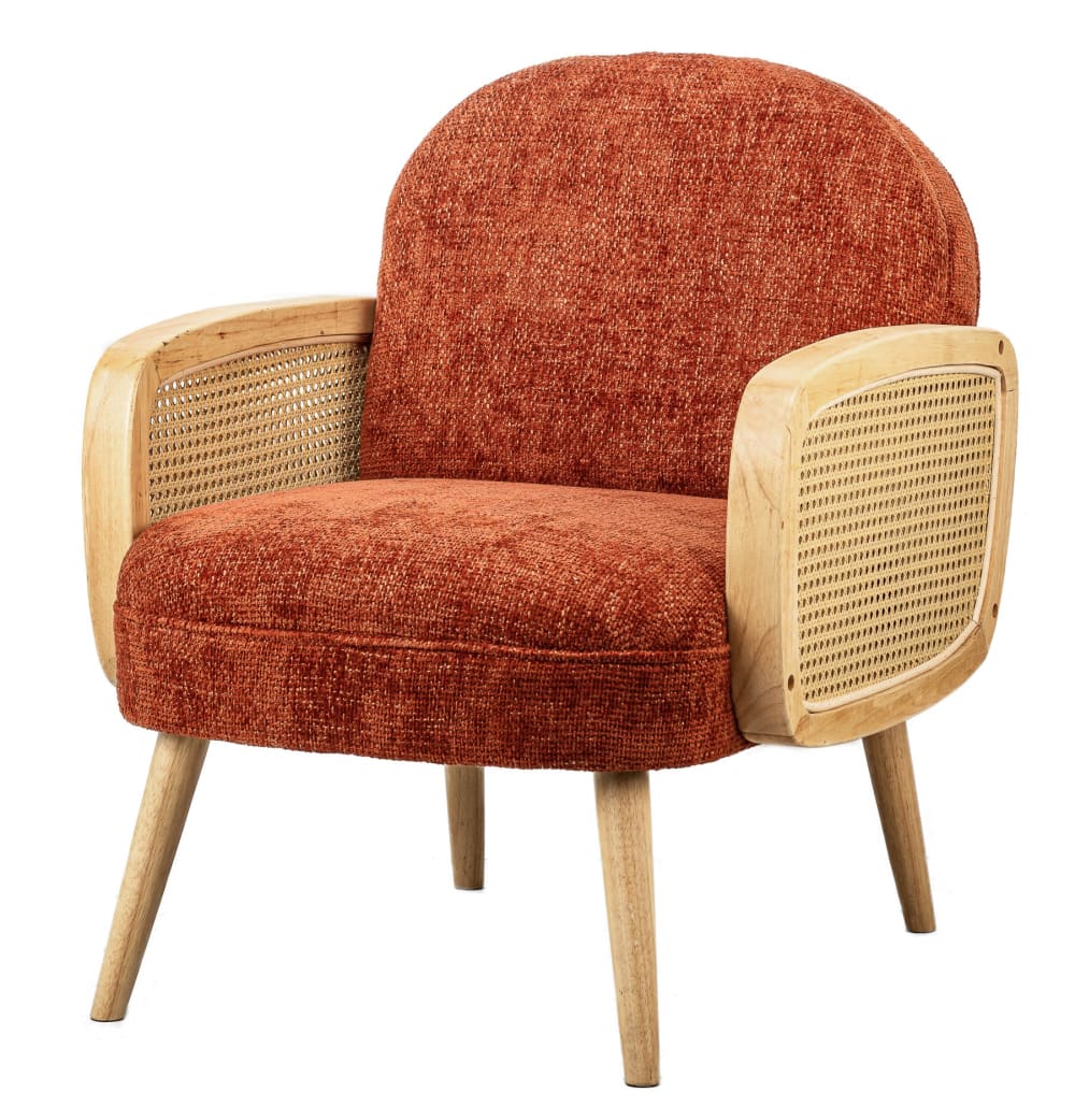 Fauteuil de salon en cannage et tissu terracotta