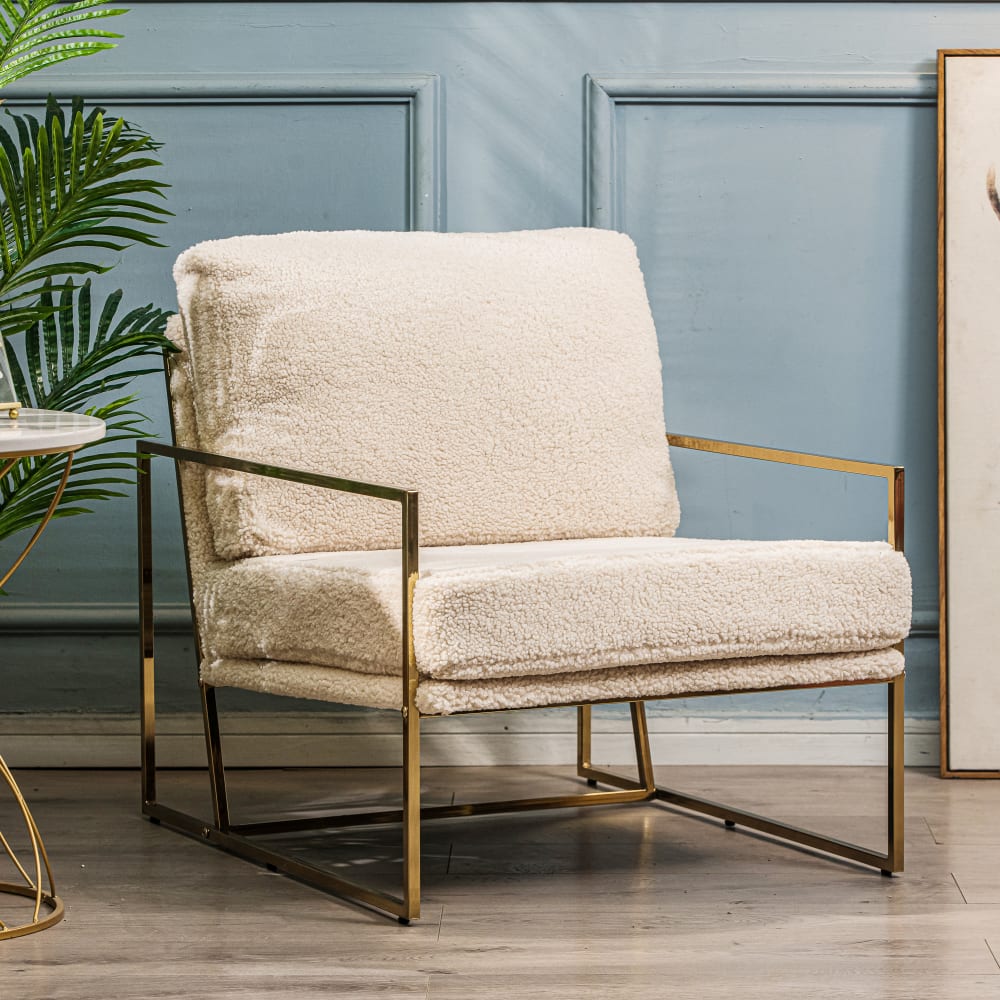 Fauteuil retro en métal et bouclette blanche