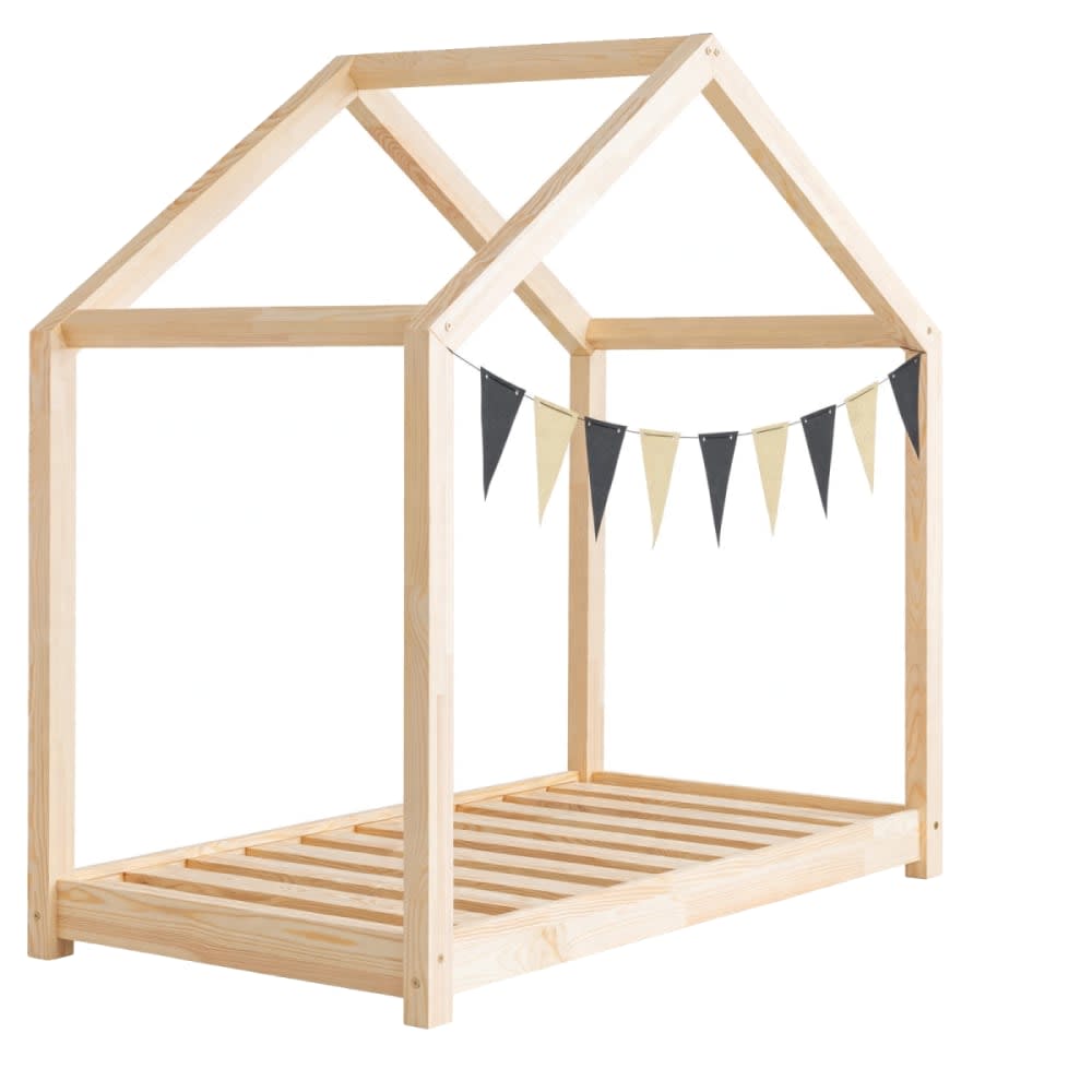 Adeko Kids Kinder-Hausbett RM Massives Kiefernholz 90x200 Beige Baby