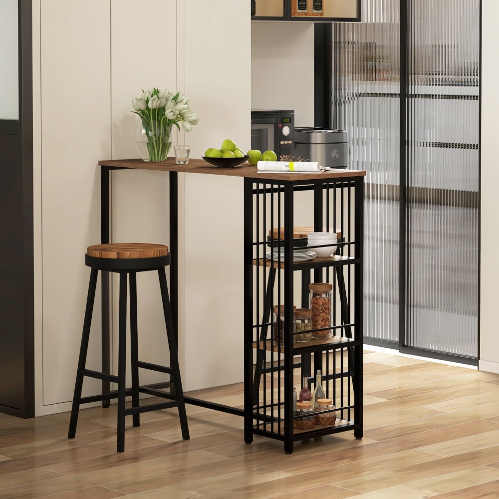 Table de bar 3 étagères style industriel acier noir aspect bois