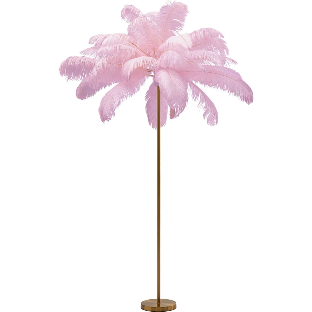 Lampadaire en plumes roses et acier doré H165