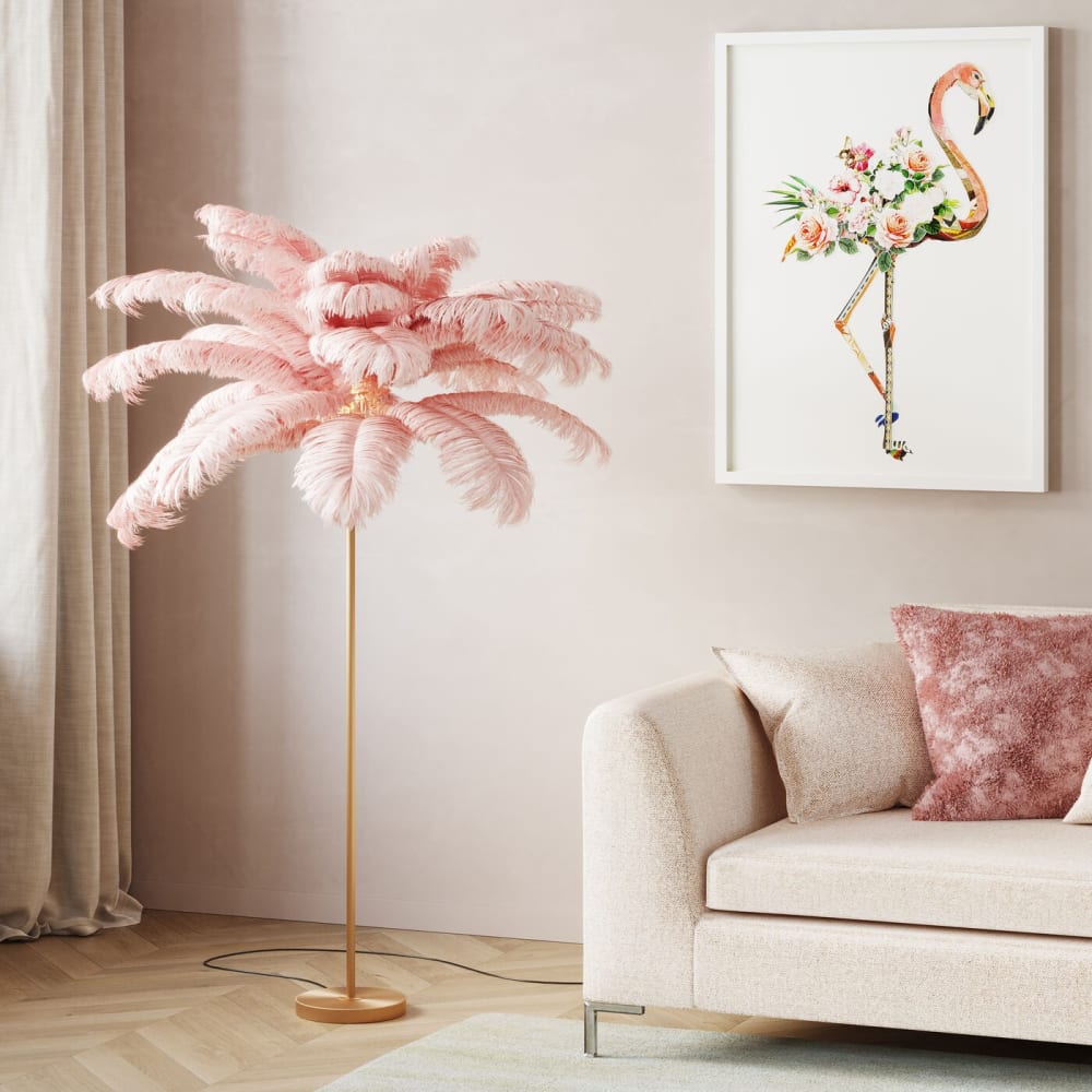 Lampadaire en plumes roses et acier doré h165 — vue 3