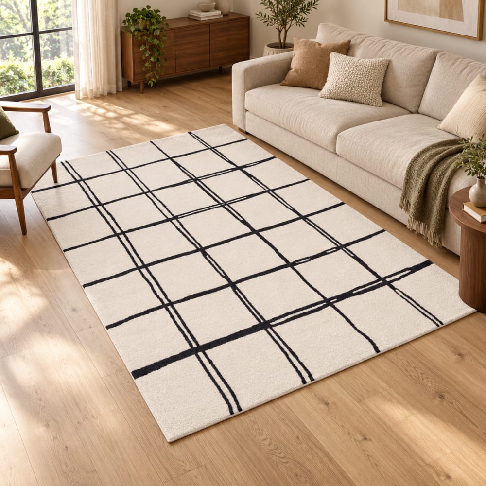 Novatrend Moderner handgefertigter Teppich aus reiner Wolle 80x150 cm style classic chic Weiß Wolle