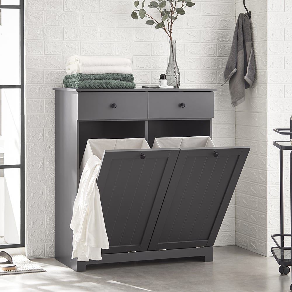 Armoire toilette effet bois gris avec 2 tiroirs et 2 paniers à linge