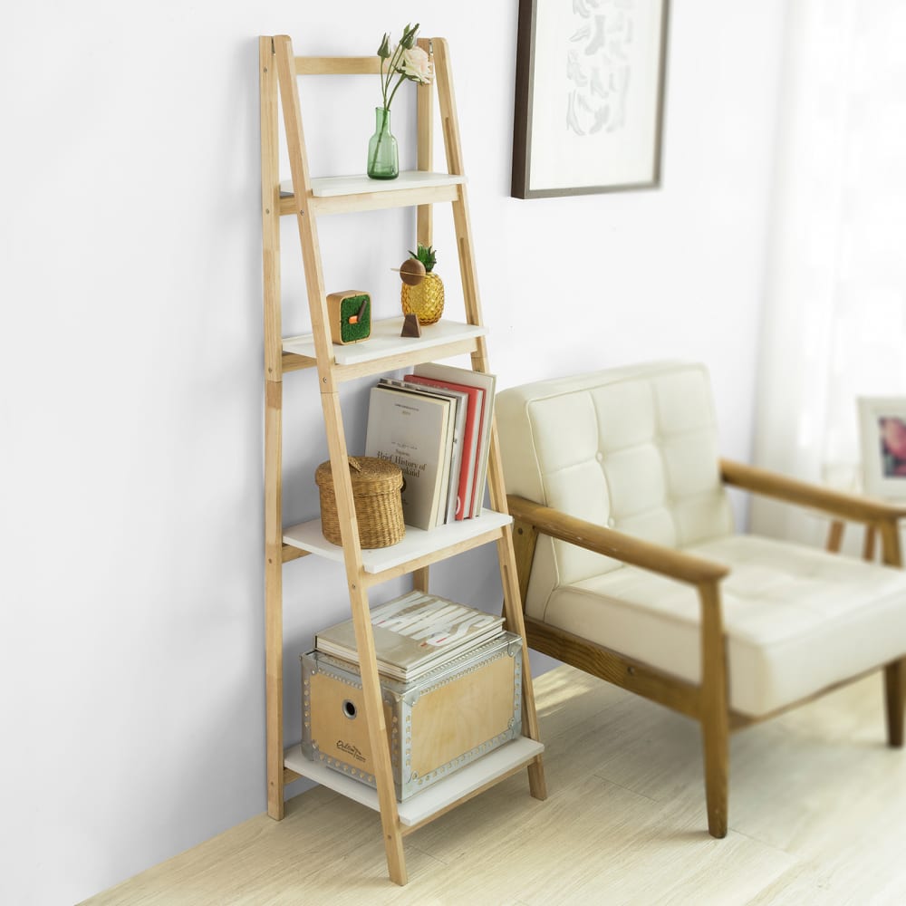 Étagère pliable style échelle avec 4 niveaux de rangement effet bois