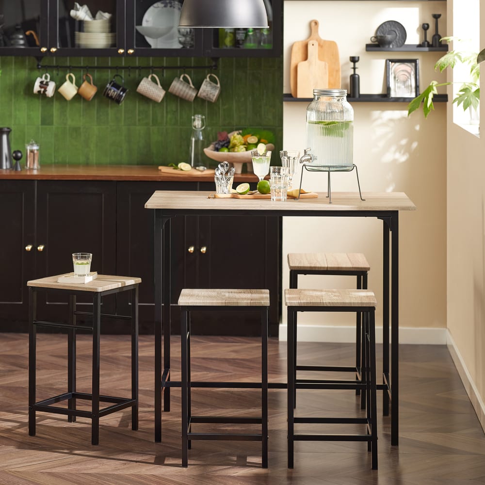 Set de 1 table + 4 tabourets effet bois et métal noir - Maisons du Monde