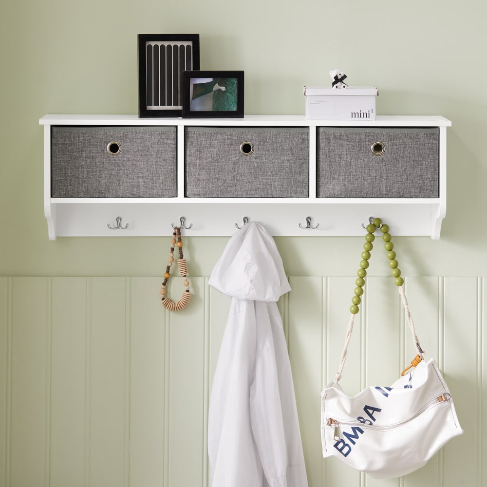 Porte manteau mural étagère 3 tiroirs effet bois blanc