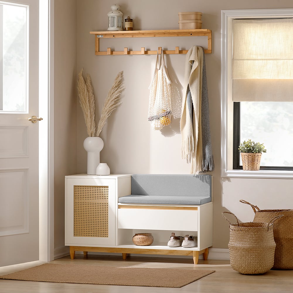 Banc de rangement à chaussure effet bois blanc-naturel