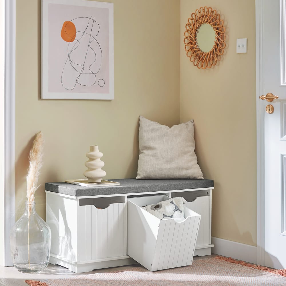 Banc de rangement avec 3 cubes et coussin rembourré effet bois blanc