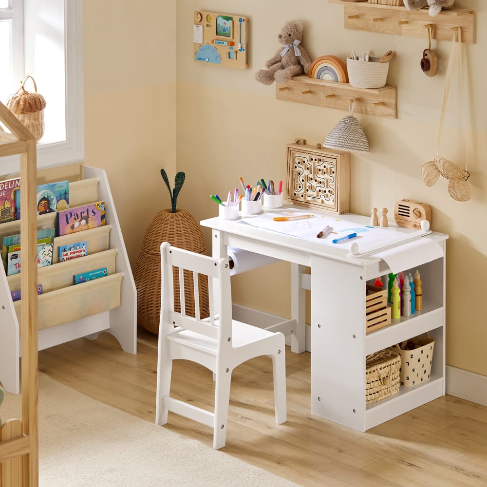Kindertisch mit 1 Stuhl Kinderzimmer MDF Kiefer Weiß - Maisons Du
