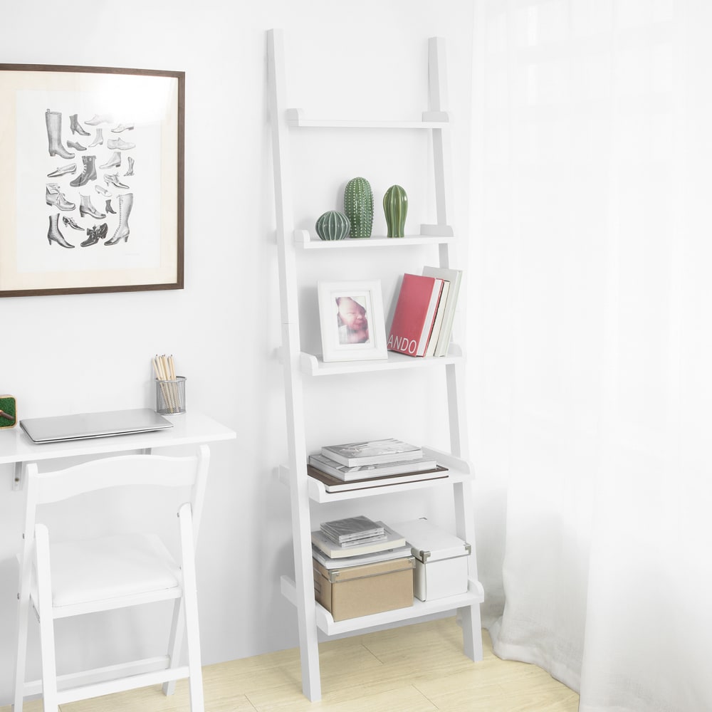 Étagère murale style échelle 5 niveaux effet bois blanc