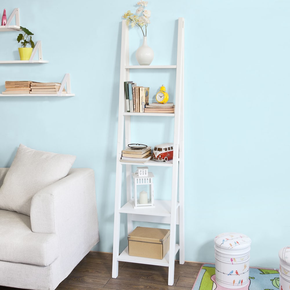 Étagère style échelle avec 5 étages effet bois blanc