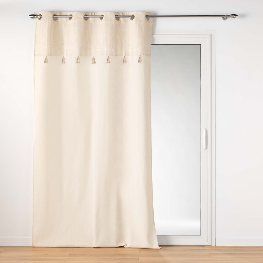 Rideau à œillets avec top métallisé et pompons coton/polyester naturel