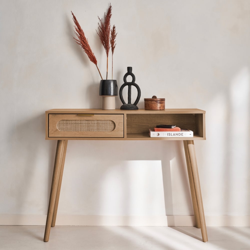 consola decoracion madera cana redonda