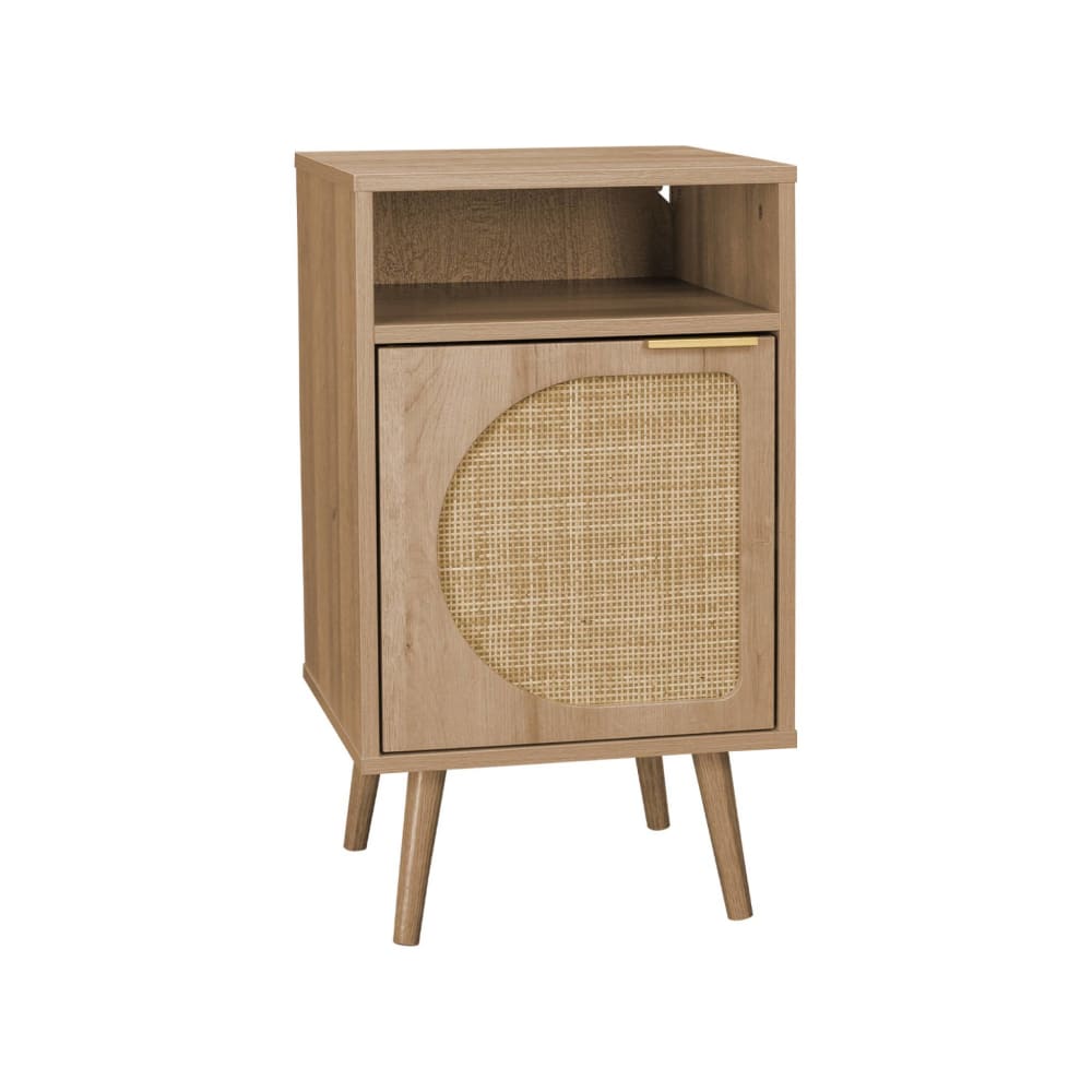 Table de chevet, décor bois et cannage arrondi