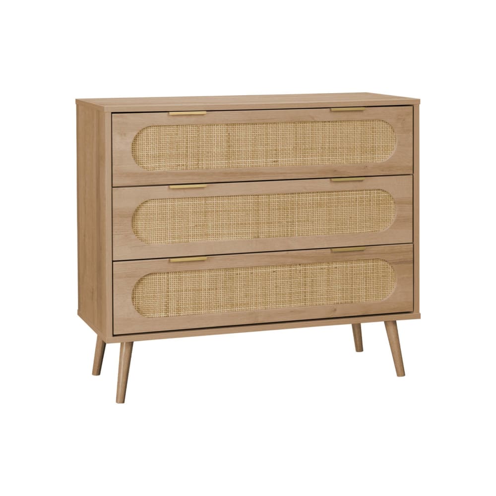 Commode décor bois, cannage arrondi, 3 tiroirs