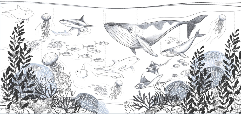 Panorama-Vliestapete Ozean und Meerestiere, Weiß 150 x 250cm -