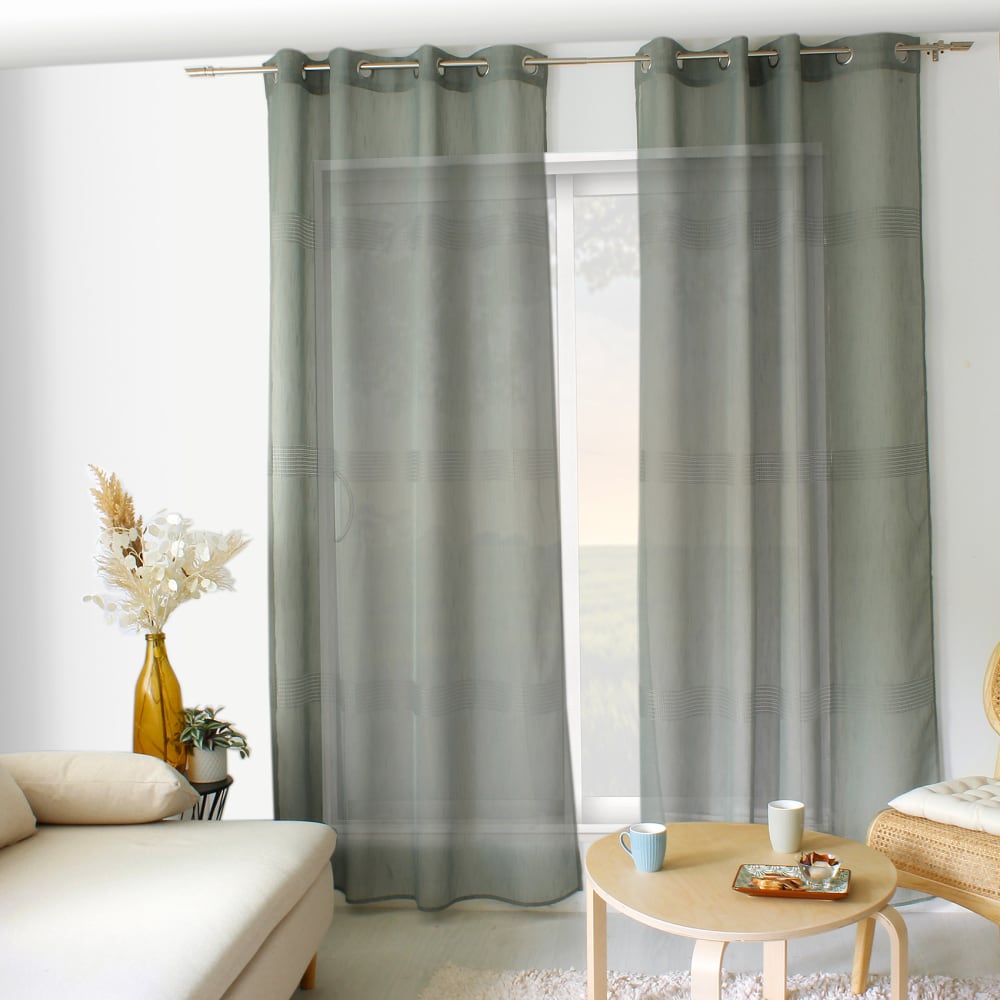 Voilage bohème à bandes ajourées polyester sauge 140x240 cm