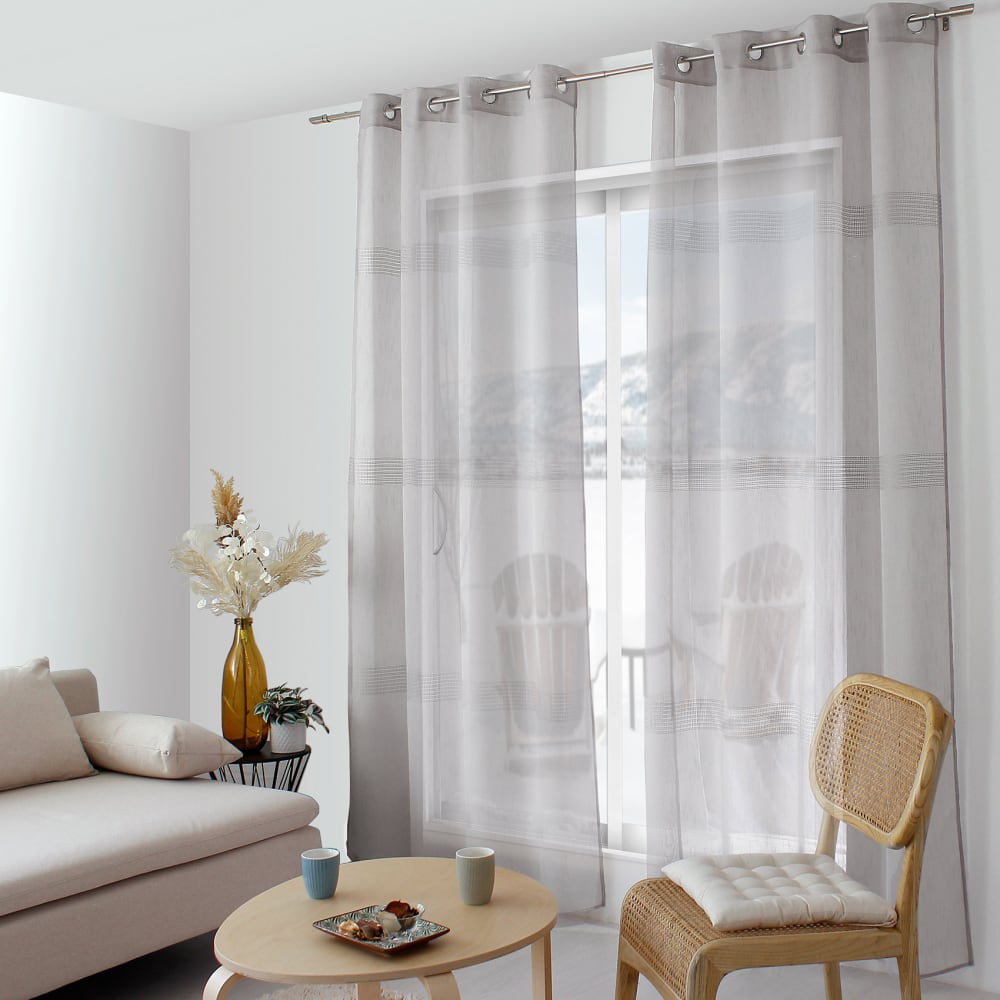 Voilage bohème à bandes ajourées polyester gris clair 140x240 cm