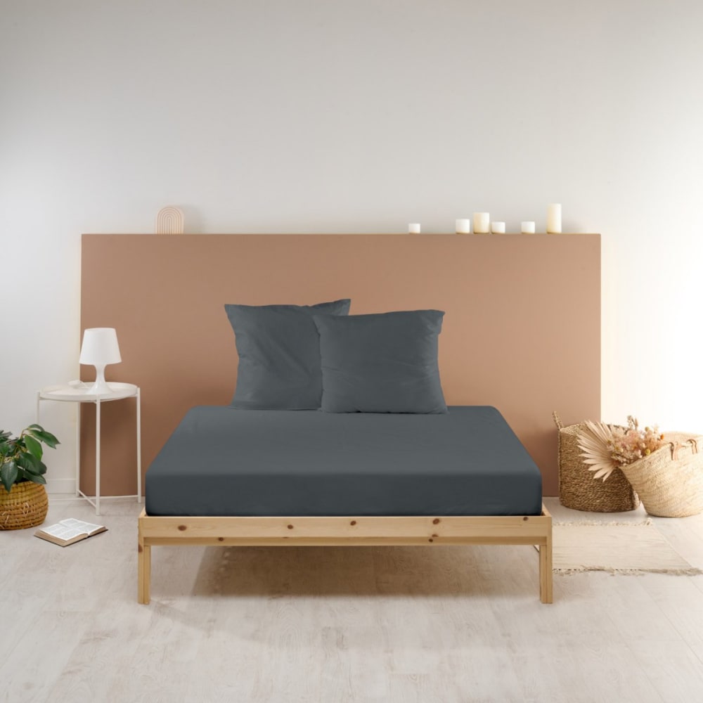 Drap housse uni en percale de coton anthracite 90x190cm — vue 3