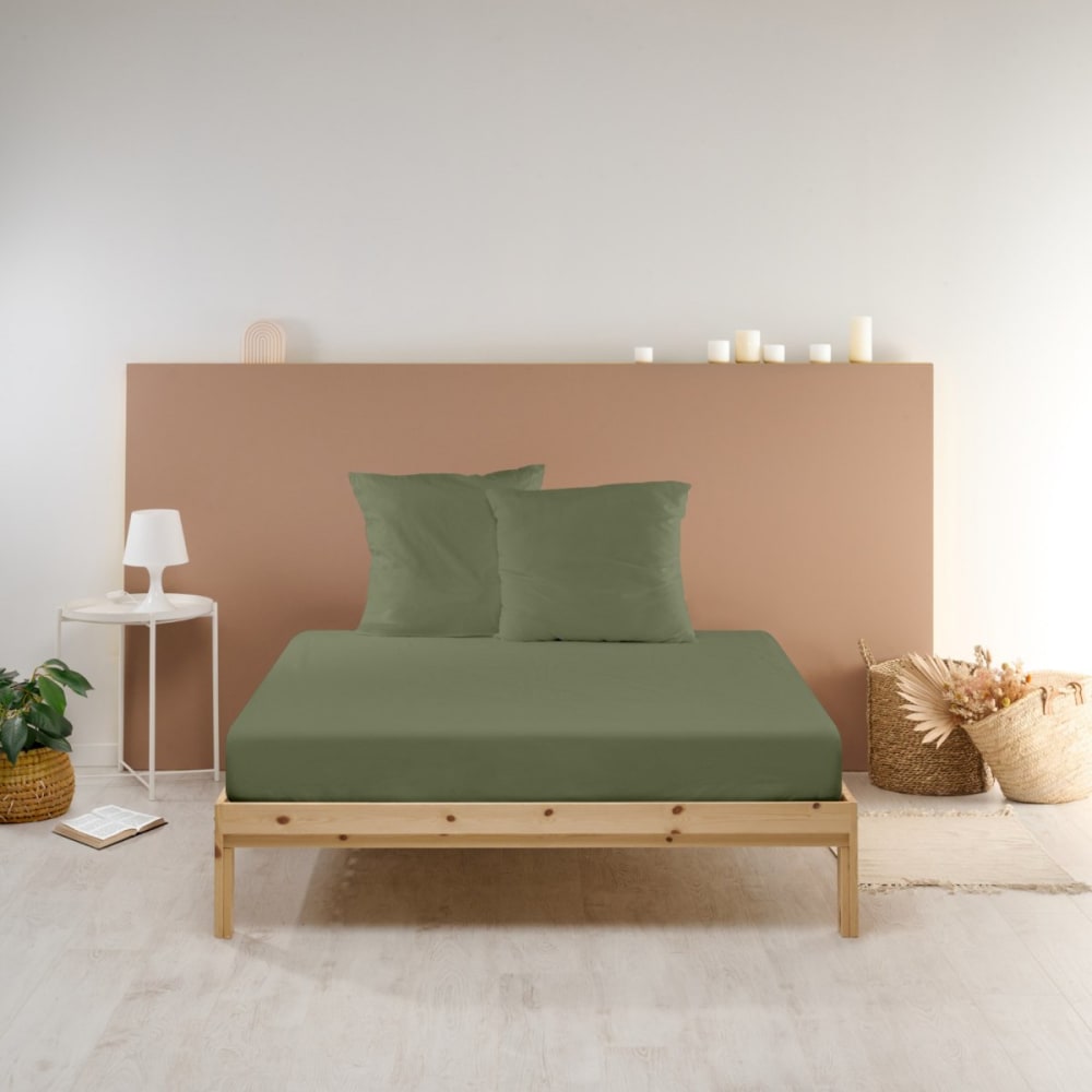 Drap housse uni en percale de coton kaki 140x190cm — vue 3