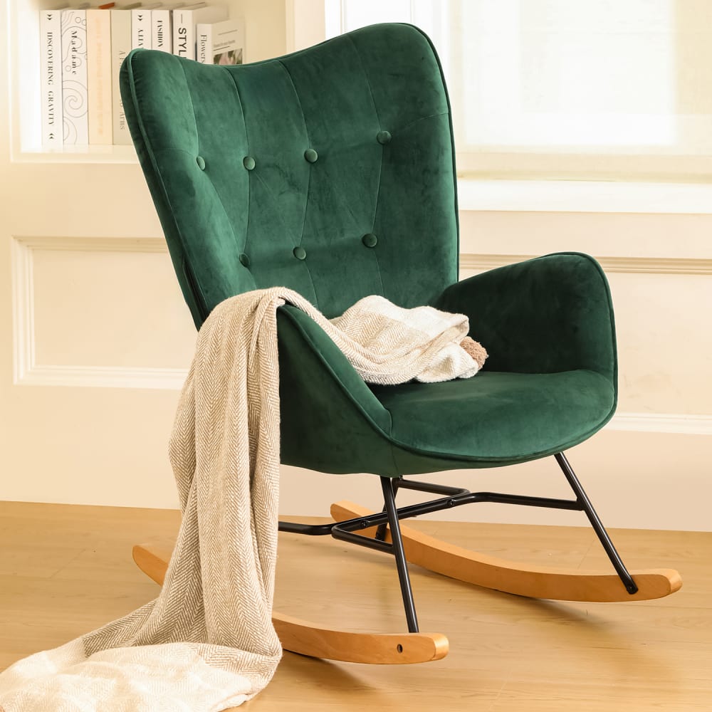 Fauteuil à bascule Scandinave velours vert Pieds en bois clair