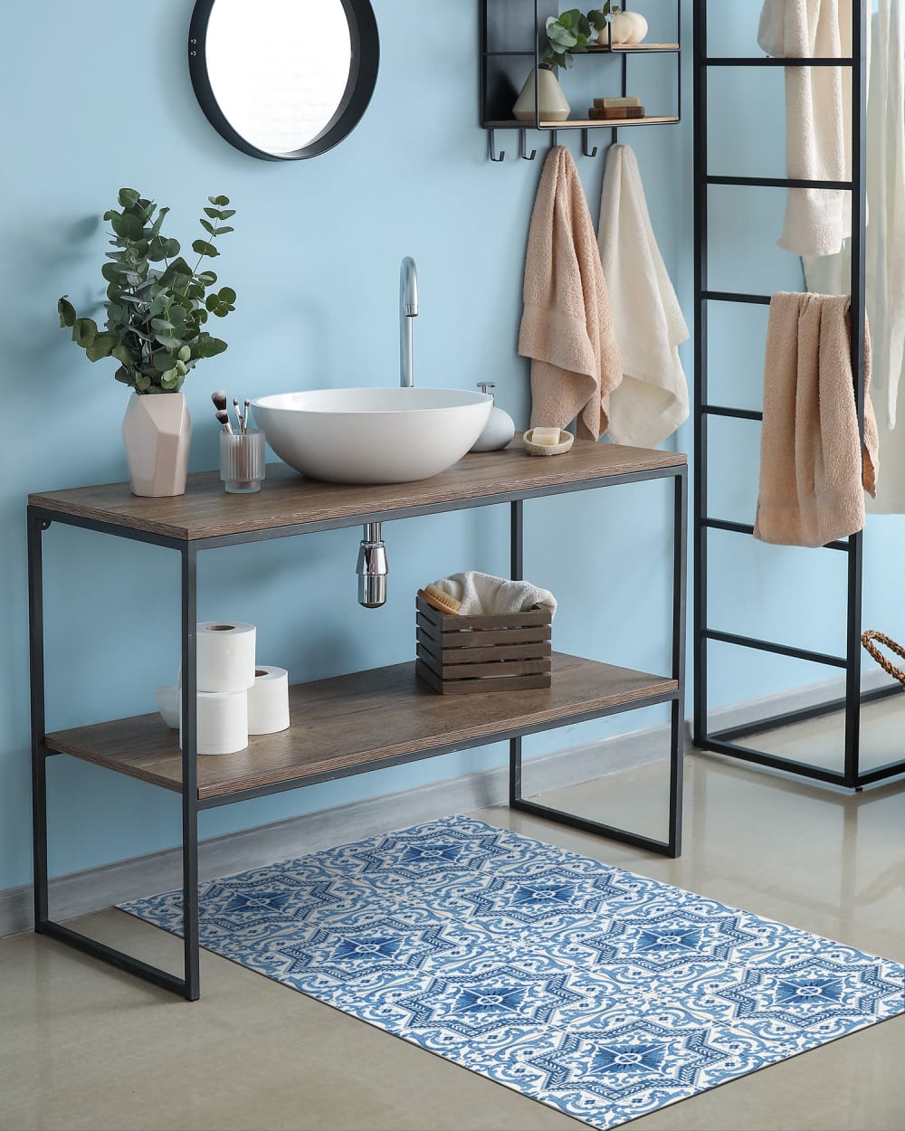 Tapis vinyle carreaux ciments tolédo bleu 80x250cm — vue 4