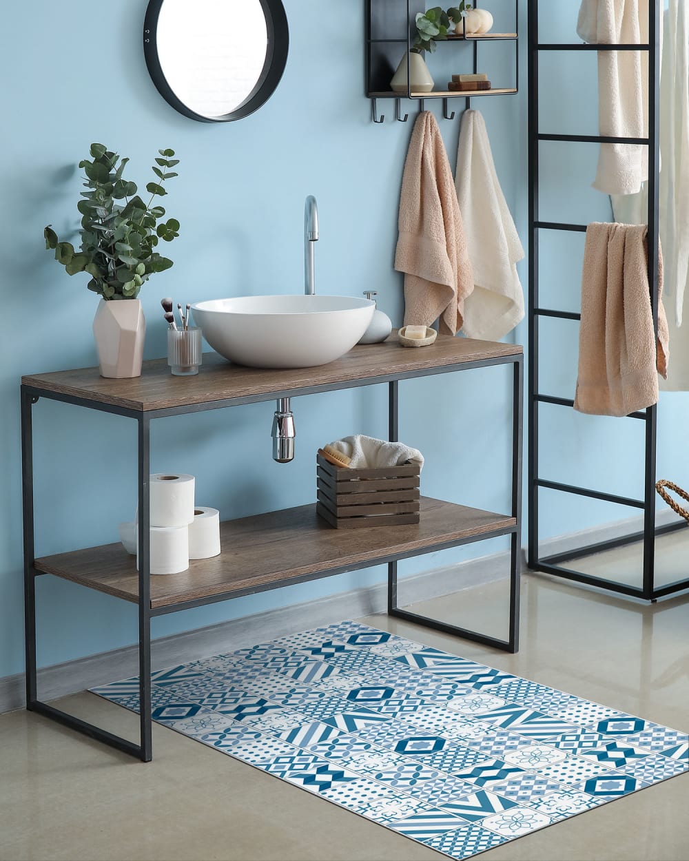 Tapis vinyle carreaux ciments love bleu 60x200cm — vue 4