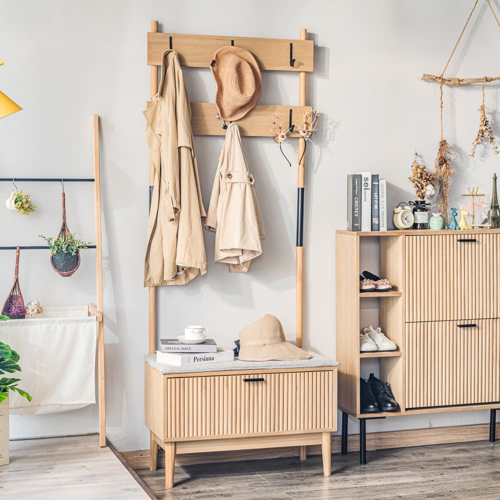 Vestiaire d'entrée en bois massif et tissu gris
