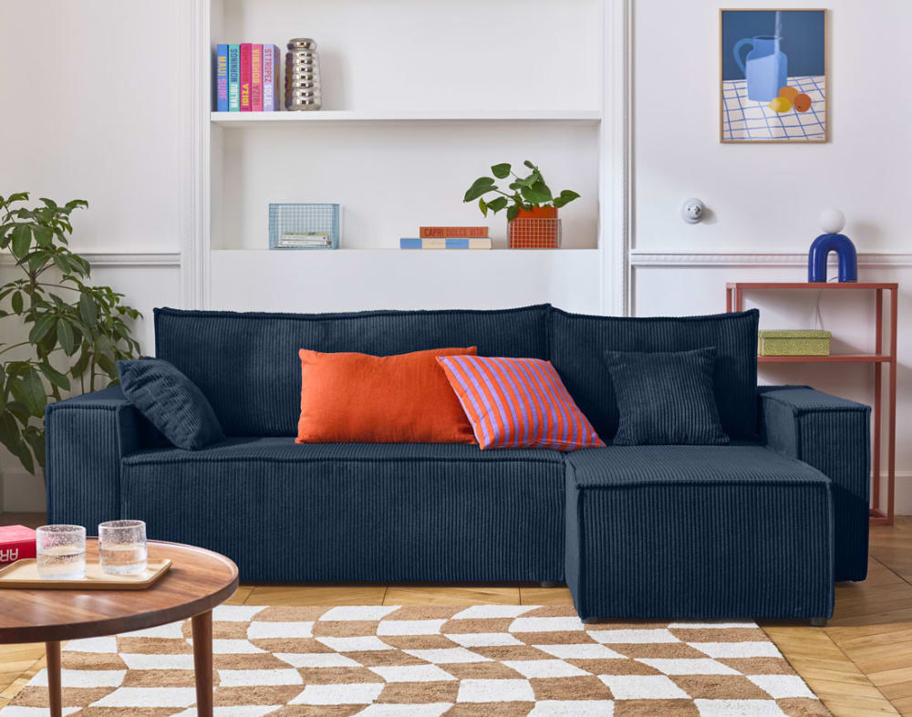 Canapé d'angle réversible convertible 4 places en velours côtelé bleu - Maisons du Monde