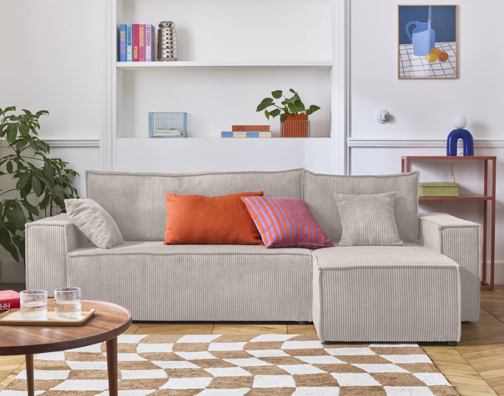 Canapé d'angle réversible convertible 4 places en velours côtelé beige - Maisons du Monde