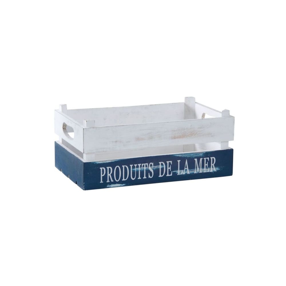 Caisse ''produits de la mer'' en bois patiné blanc et bleu