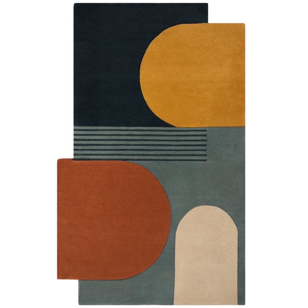 Tapis pure laine bleue, jaune, verte, orange et beige 200x290cm