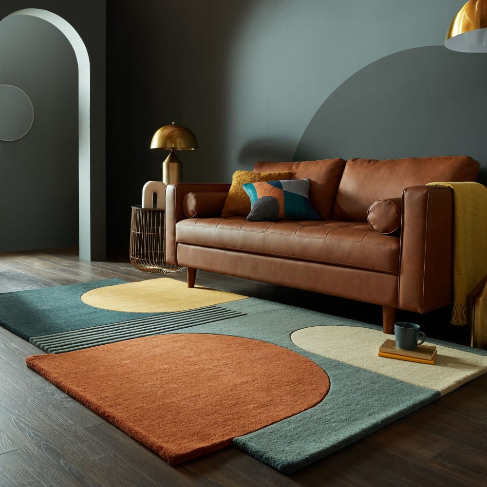 Tapis pure laine bleue, jaune, verte, orange et beige 200x290cm — vue 3