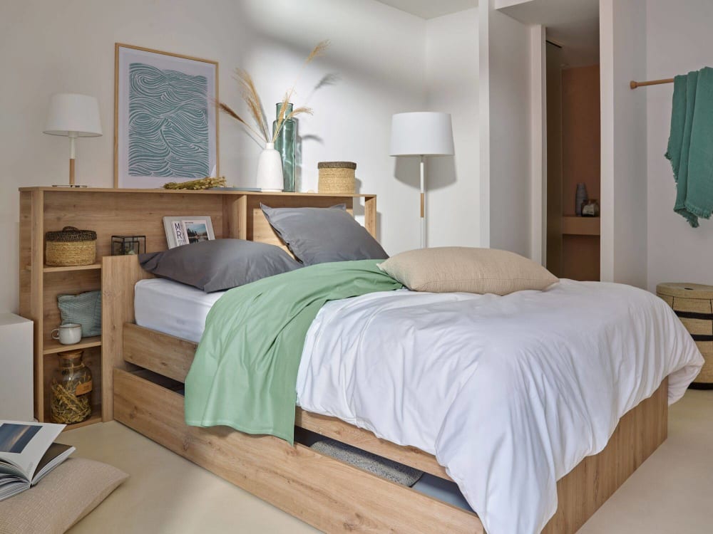 Lit rangement avec tête de lit effet bois clair  140 x 190 cm