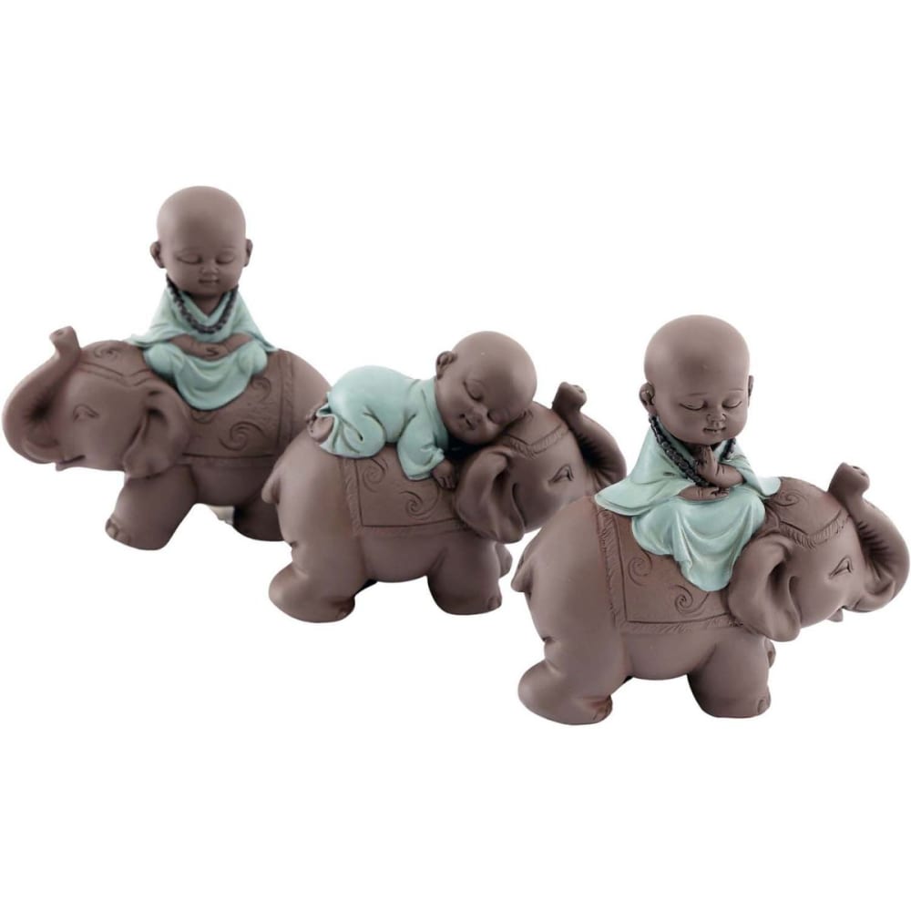 Sil Statuette 3 bouddhas en polyrésine enfants sur éléphants Marron